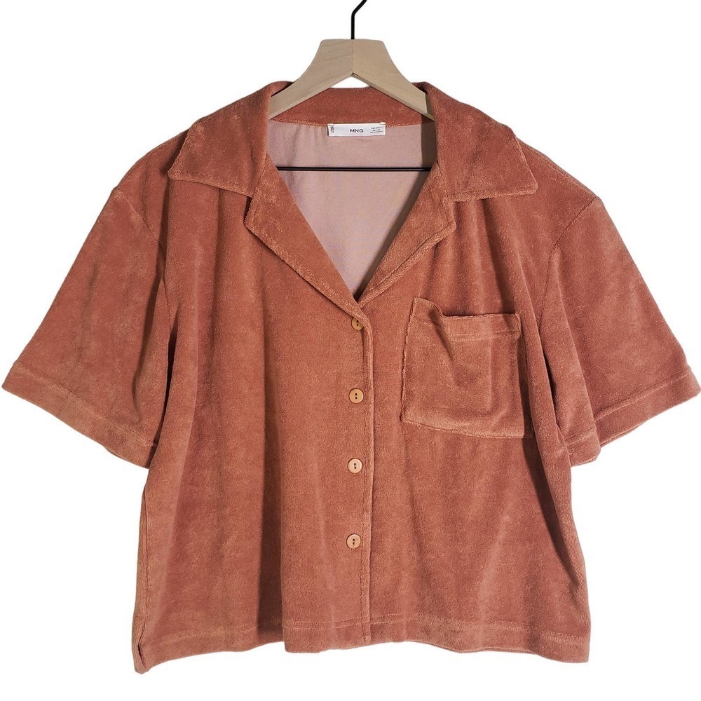 MNG Terrycloth Short Sleeve Shirt Button Front S Coral‎ Oversized Relaxed Fit